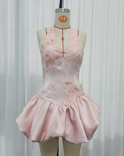Pink Halter Lace Corset Bubble Mini Dress