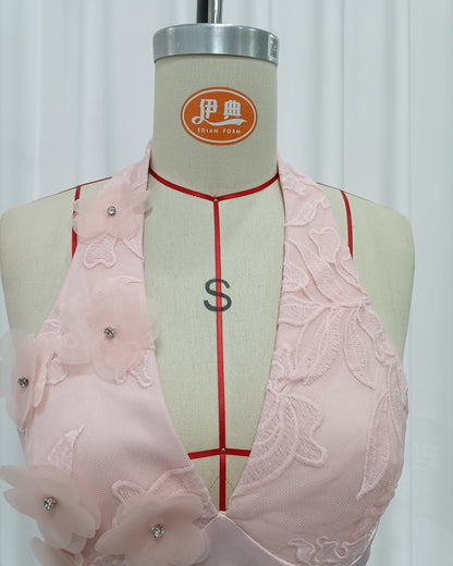 Pink Halter Lace Corset Bubble Mini Dress