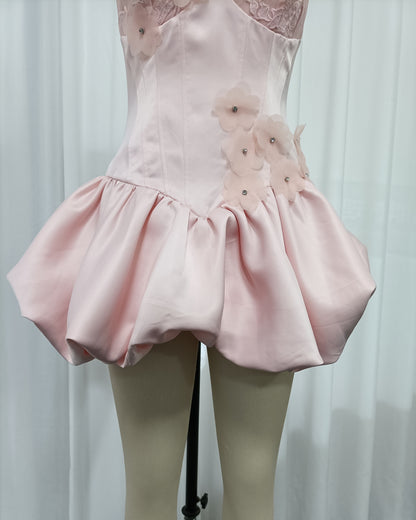 Pink Halter Lace Corset Bubble Mini Dress