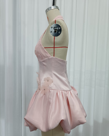 Pink Halter Lace Corset Bubble Mini Dress