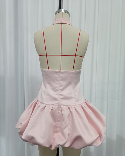 Pink Halter Lace Corset Bubble Mini Dress