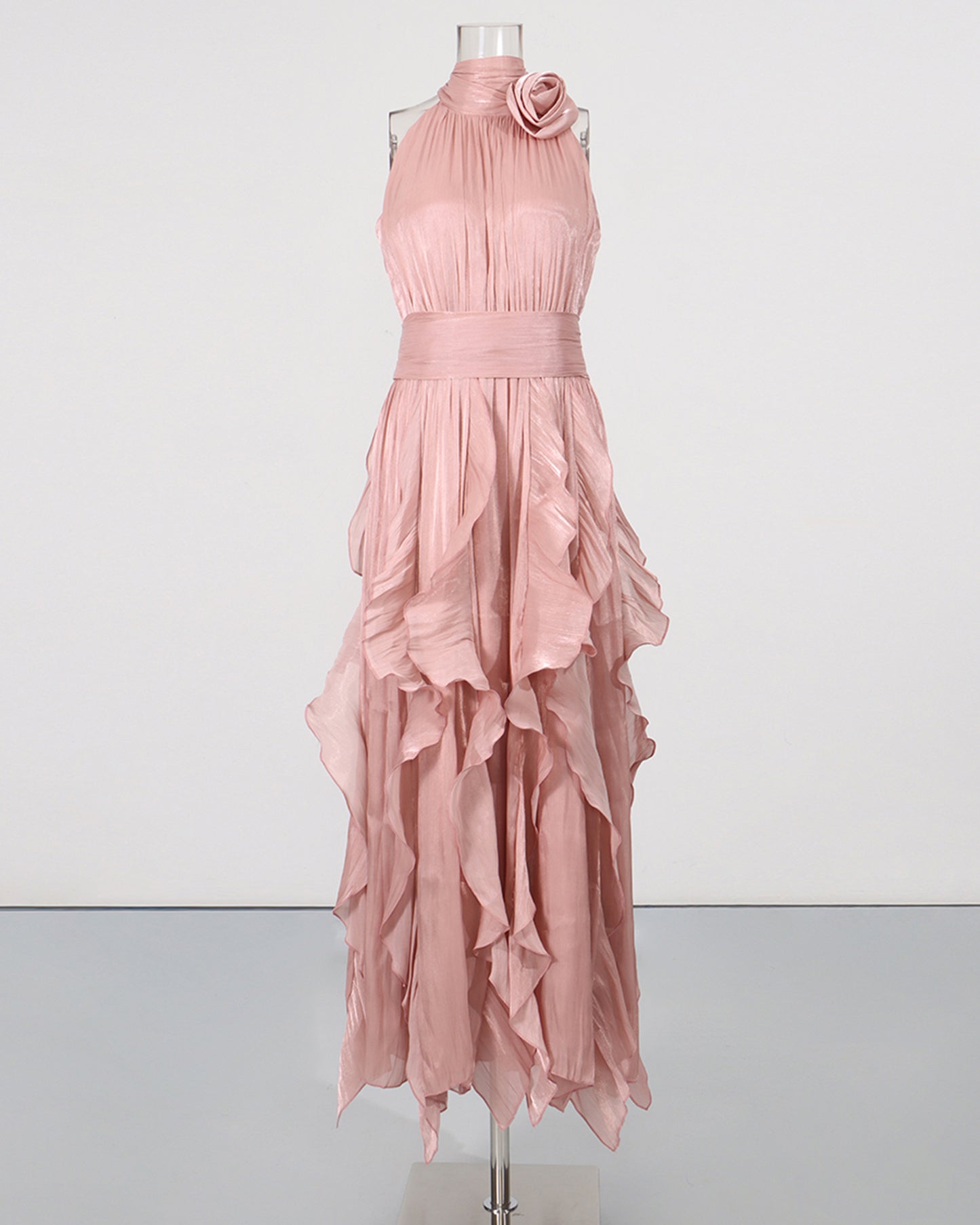Pink Halter Neck Ruffle Midi Dress