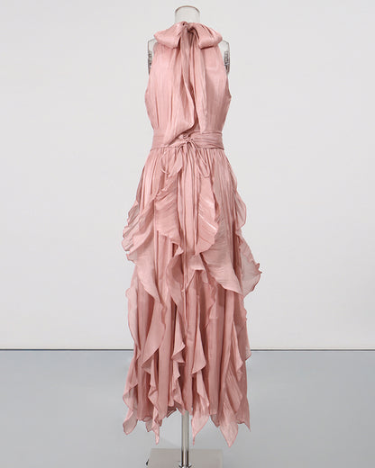 Pink Halter Neck Ruffle Midi Dress