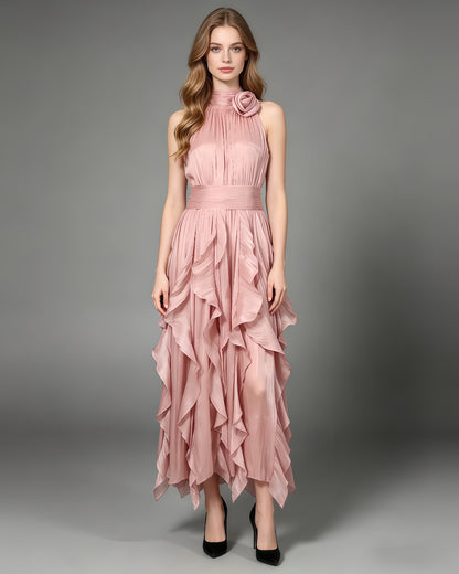 Pink Halter Neck Ruffle Midi Dress