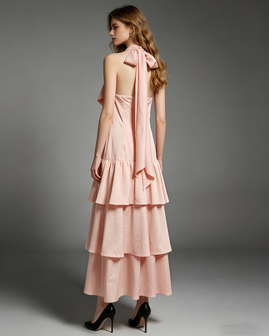 Pink Halter Neck Ruffle Tiered Maxi Dress