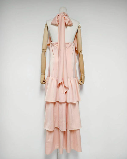 Pink Halter Neck Ruffle Tiered Maxi Dress