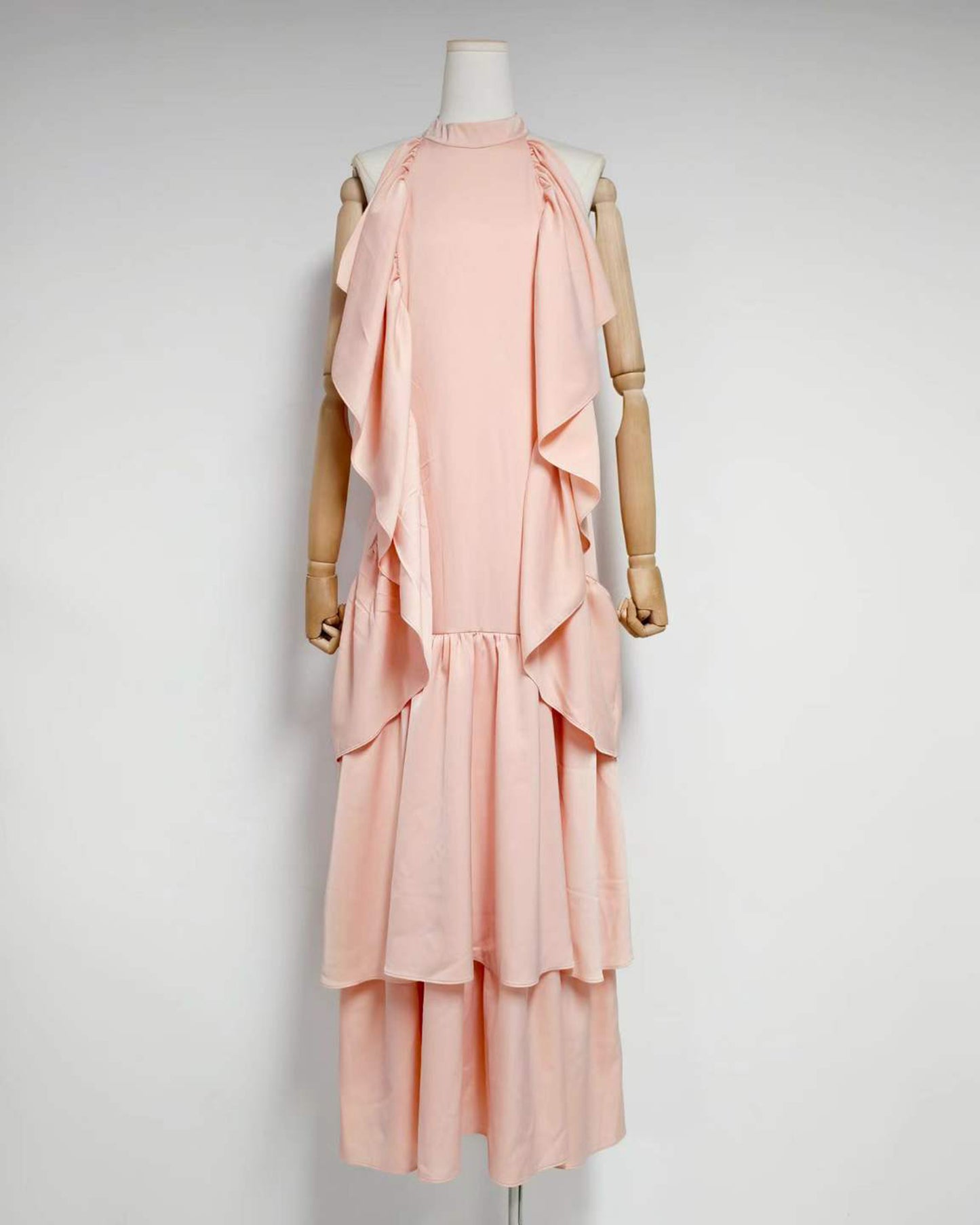 Pink Halter Neck Ruffle Tiered Maxi Dress