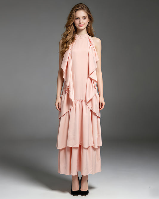 Pink Halter Neck Ruffle Tiered Maxi Dress