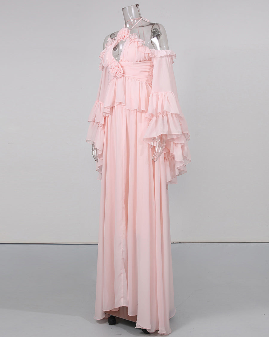 Pink Halter Ruffle Bell Sleeve Top Long Skirt Set