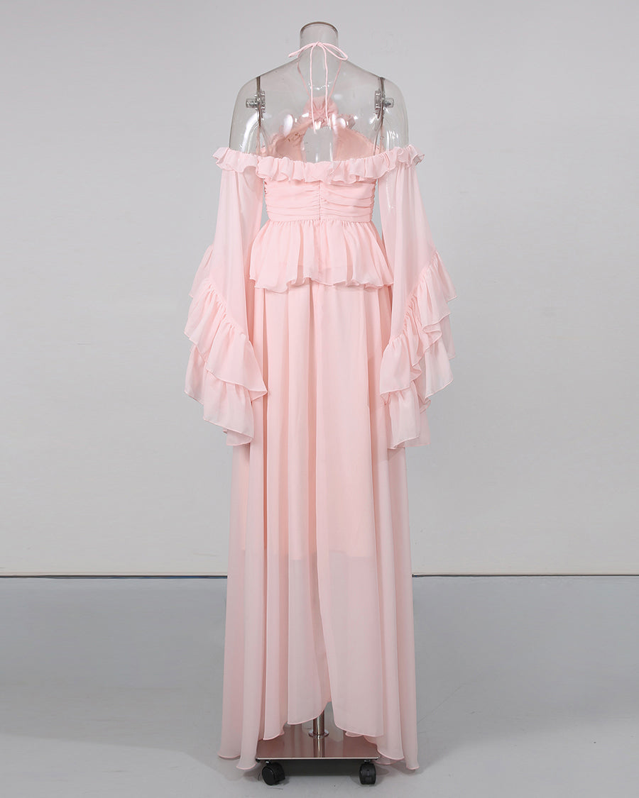 Pink Halter Ruffle Bell Sleeve Top Long Skirt Set