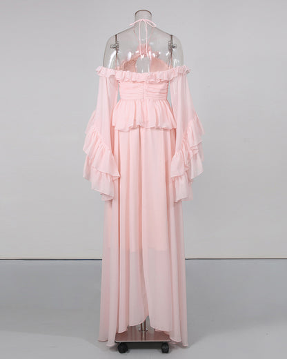 Pink Halter Ruffle Bell Sleeve Top Long Skirt Set