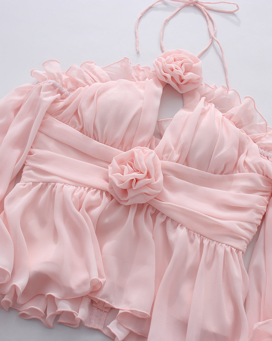 Pink Halter Ruffle Bell Sleeve Top Long Skirt Set