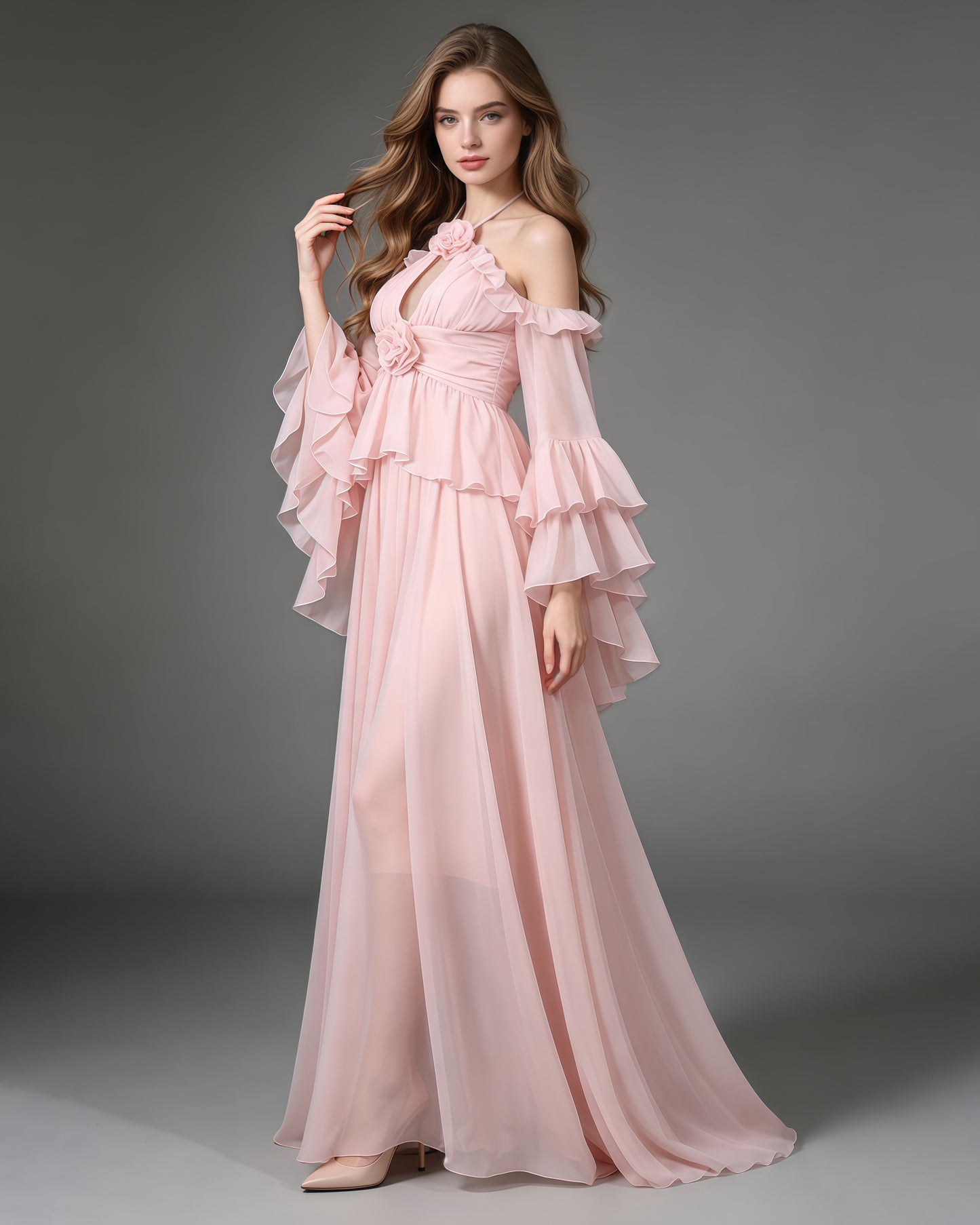 Pink Halter Ruffle Bell Sleeve Top Long Skirt Set