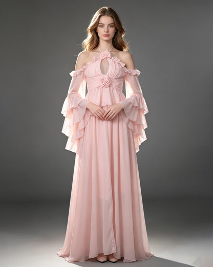 Pink Halter Ruffle Bell Sleeve Top Long Skirt Set