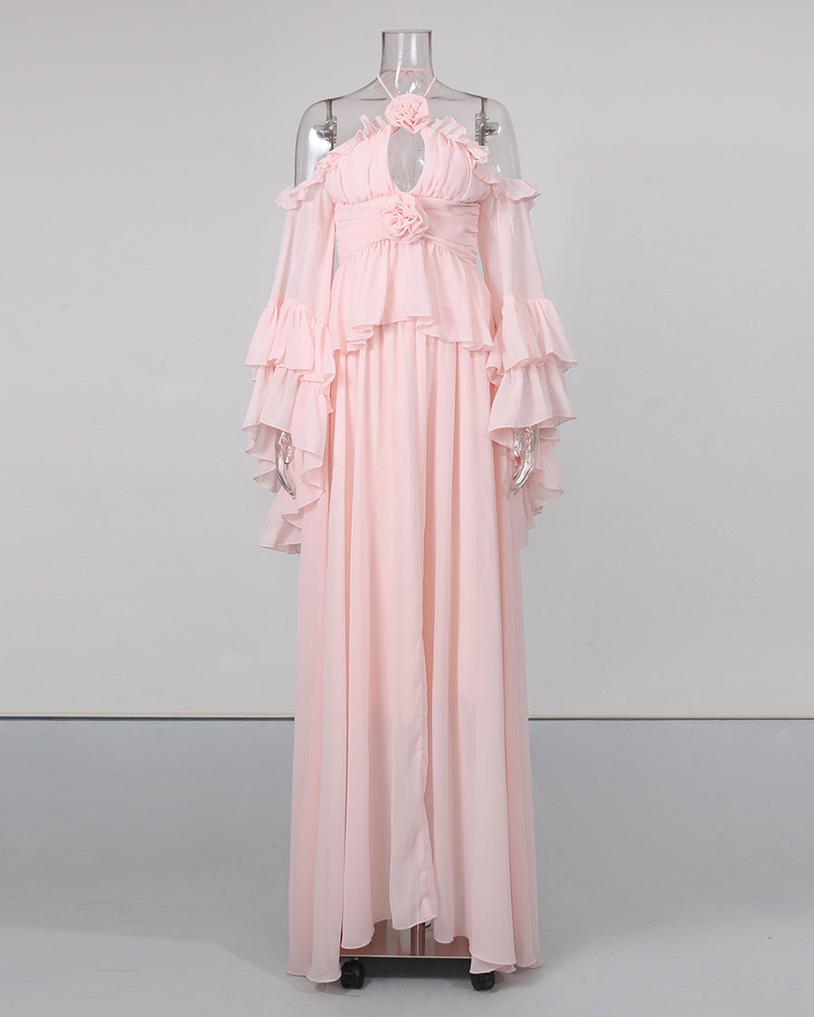 Pink Halter Ruffle Bell Sleeve Top Long Skirt Set