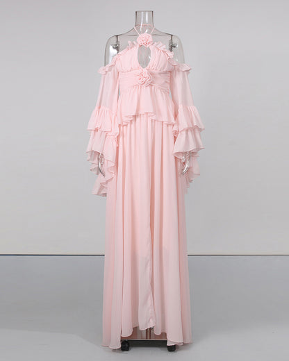 Pink Halter Ruffle Bell Sleeve Top Long Skirt Set