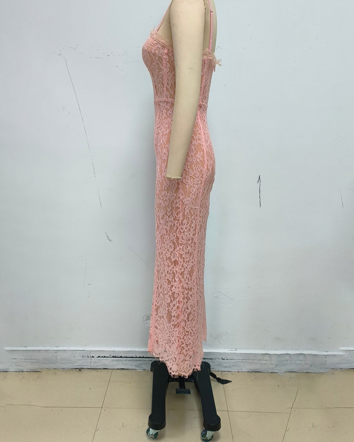 Pink Lace Corset Midi Slip Dress
