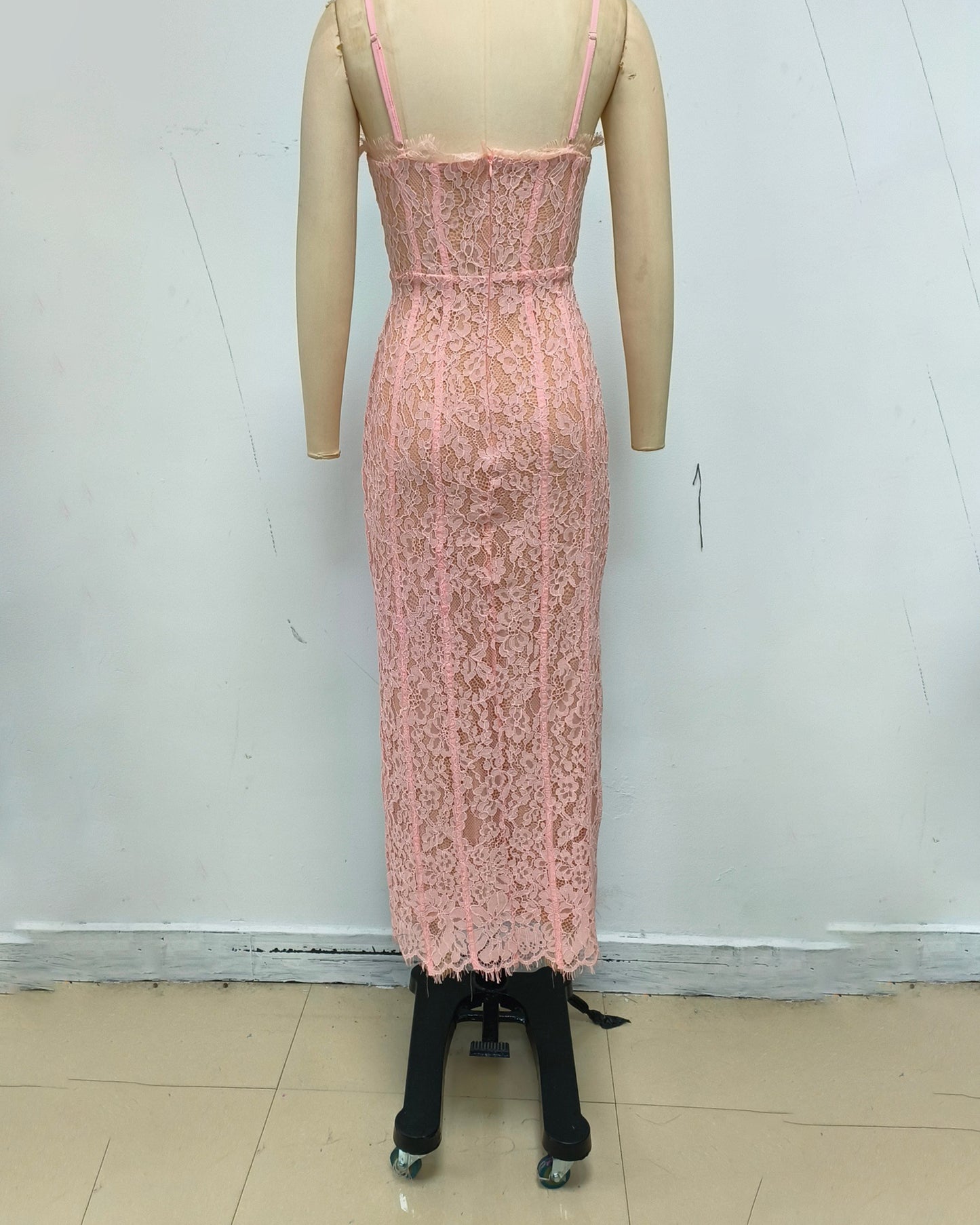 Pink Lace Corset Midi Slip Dress
