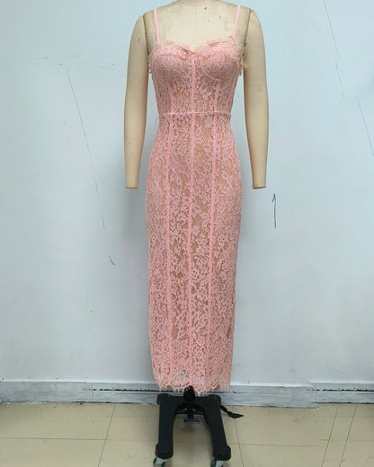 Pink Lace Corset Midi Slip Dress