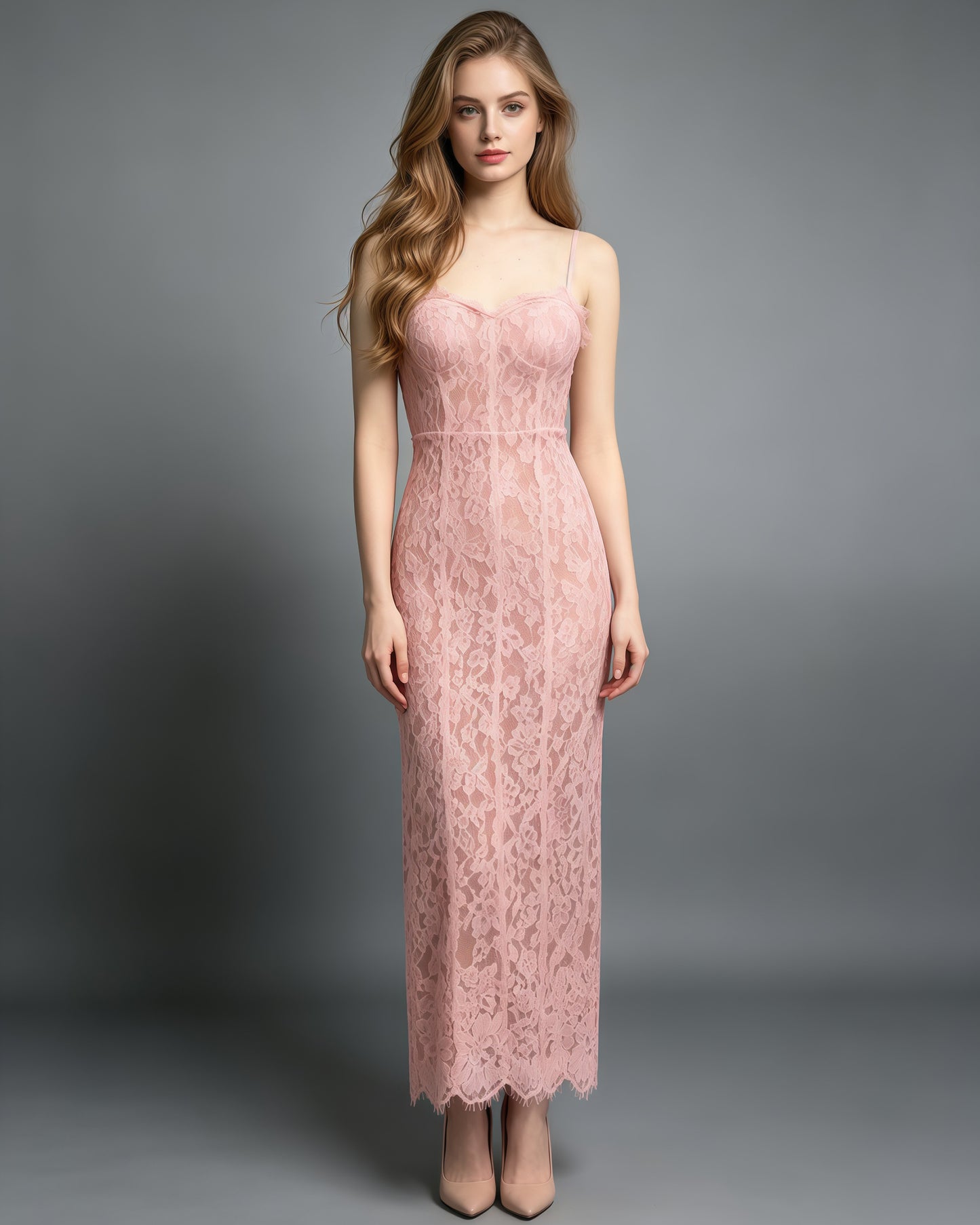 Pink Lace Corset Midi Slip Dress