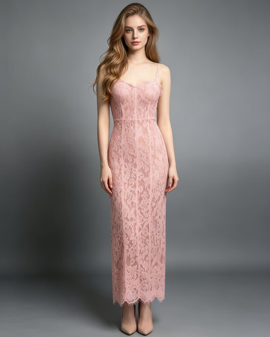 Pink Lace Corset Midi Slip Dress