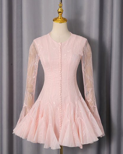 Pink Lace Fitted Ruffle Mini Dress