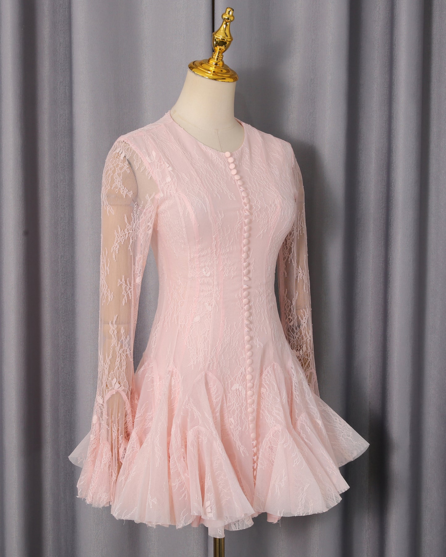 Pink Lace Fitted Ruffle Mini Dress