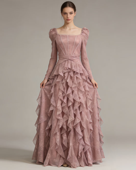 Pink Lace Ruffle Maxi Dress