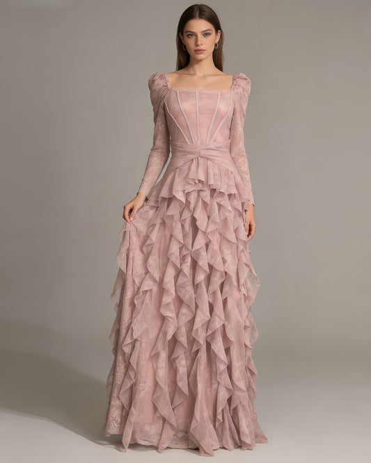 Pink Lace Ruffle Maxi Dress
