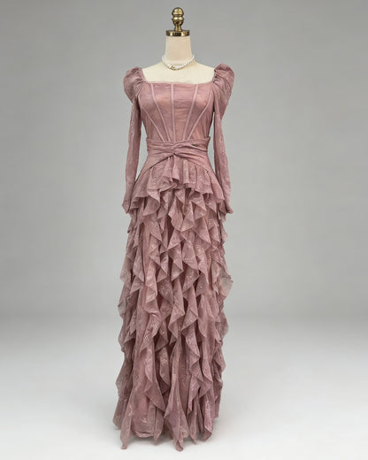 Pink Lace Ruffle Maxi Dress