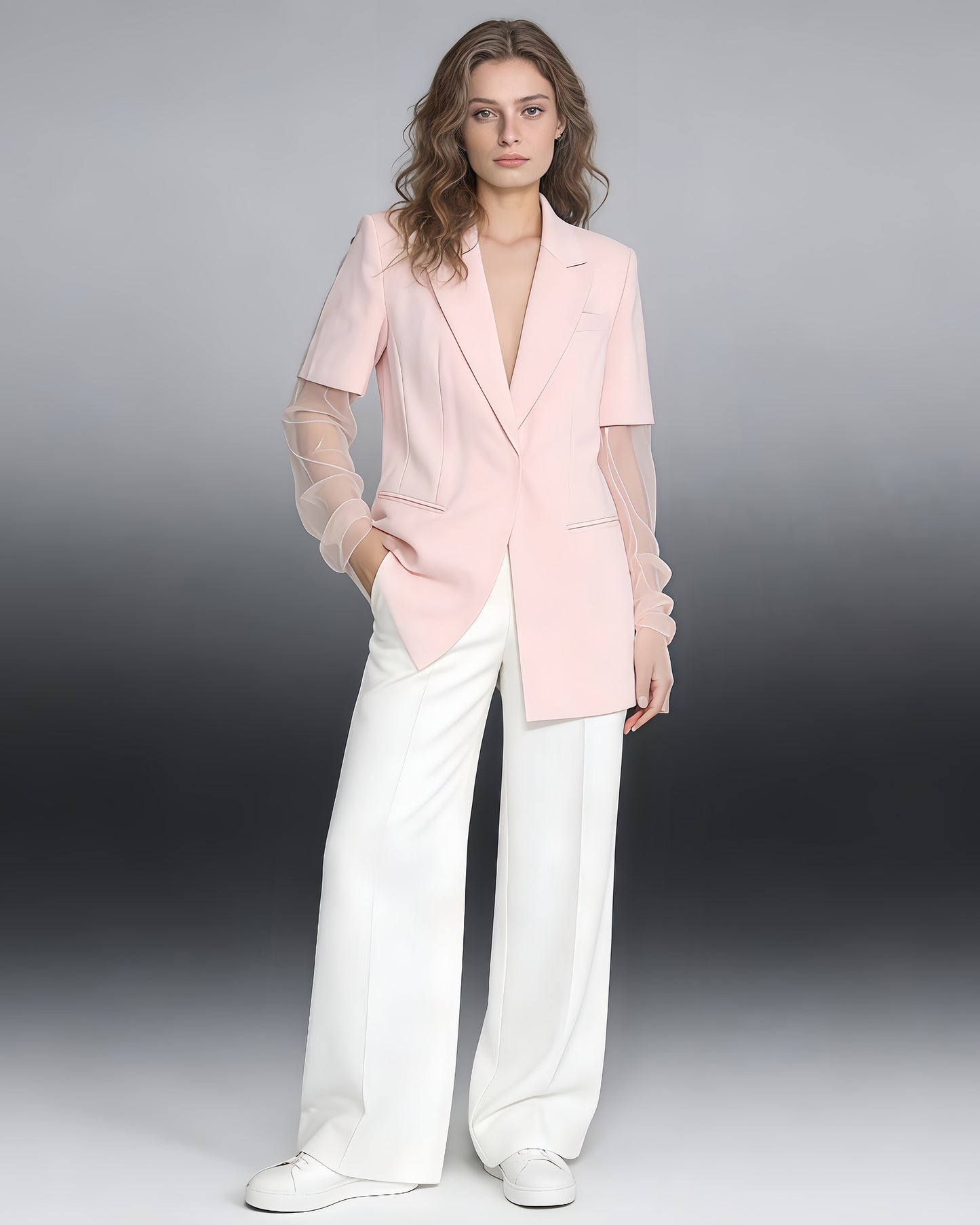 Pink Layered Sheer Sleeve Blazer