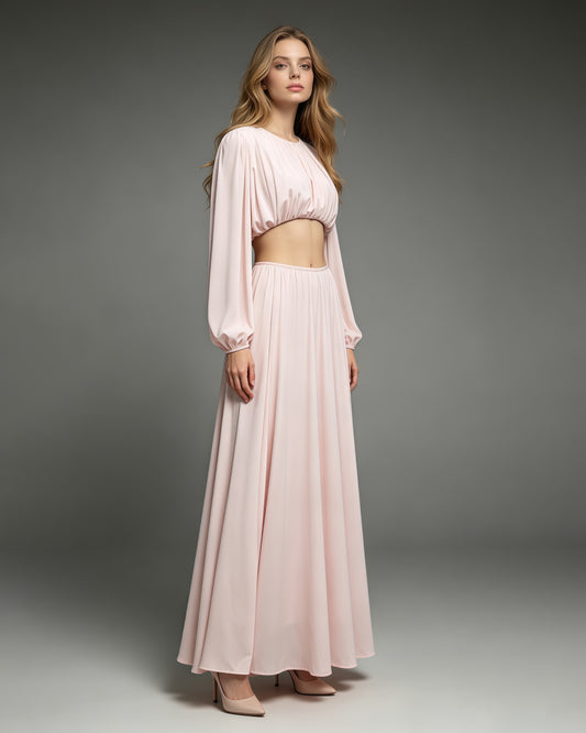 Pink Long Sleeve Crop Top High Waist Skirt Set