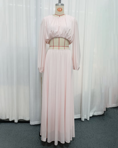 Pink Long Sleeve Crop Top High Waist Skirt Set