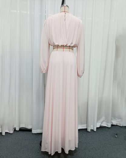 Pink Long Sleeve Crop Top High Waist Skirt Set