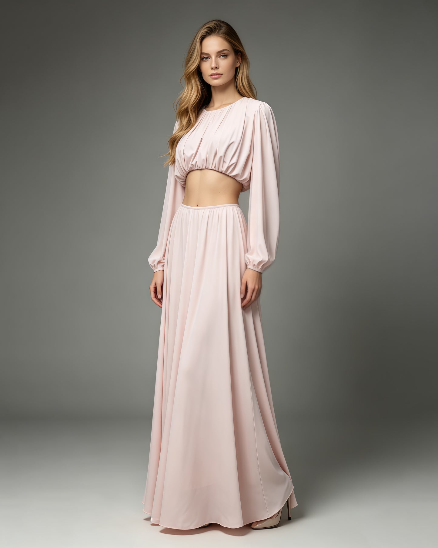 Pink Long Sleeve Crop Top High Waist Skirt Set