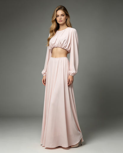 Pink Long Sleeve Crop Top High Waist Skirt Set