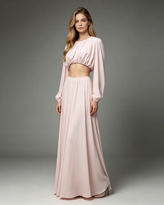 Pink Long Sleeve Crop Top High Waist Skirt Set