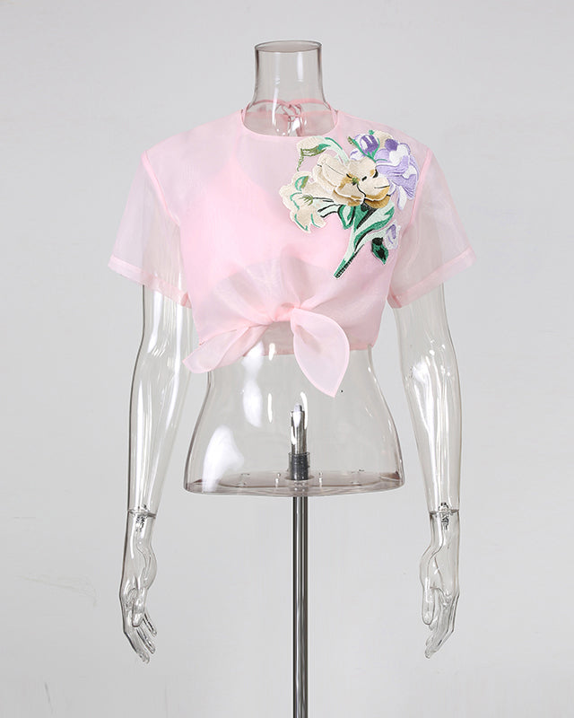 Pink Mesh Floral Embroidery Bow Tie Top