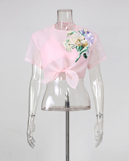 Pink Mesh Floral Embroidery Bow Tie Top