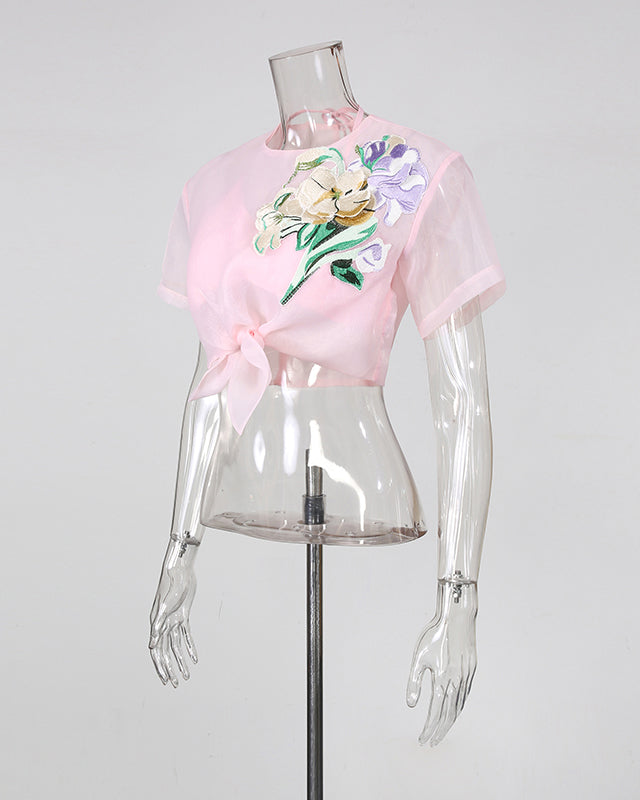 Pink Mesh Floral Embroidery Bow Tie Top