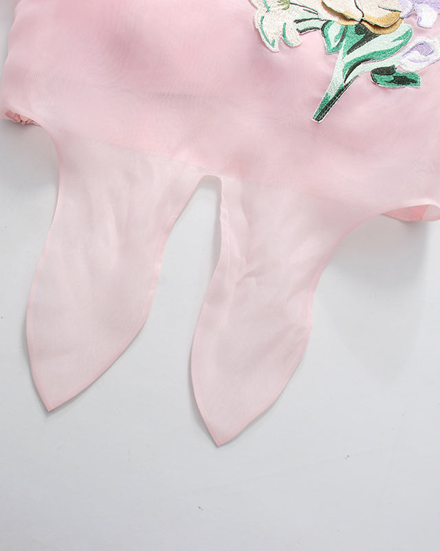 Pink Mesh Floral Embroidery Bow Tie Top