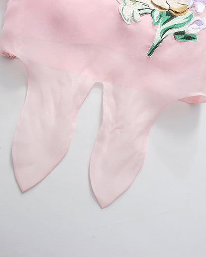 Pink Mesh Floral Embroidery Bow Tie Top