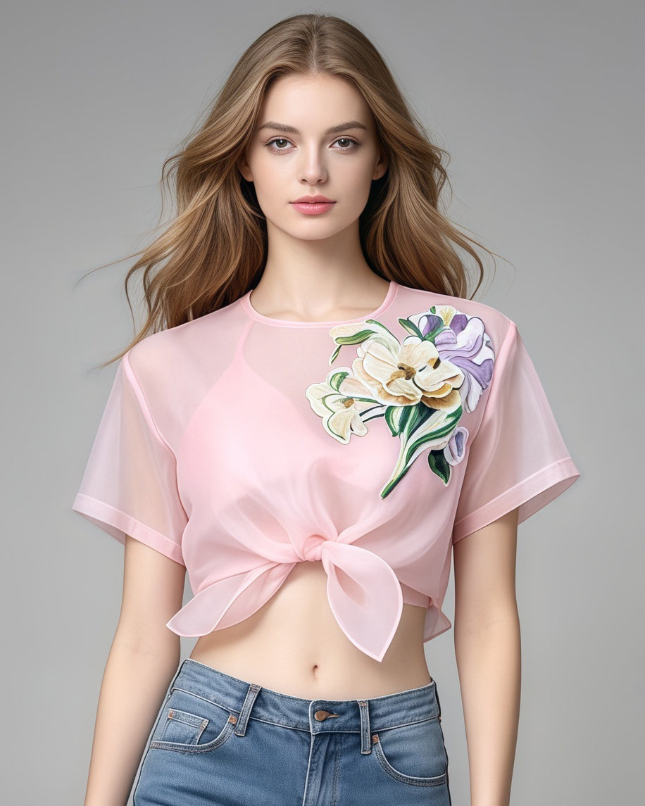 Pink Mesh Floral Embroidery Bow Tie Top