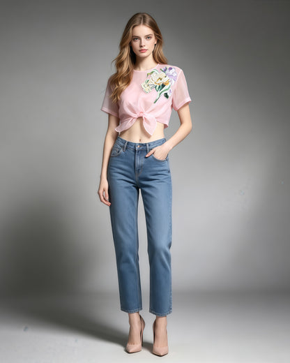 Pink Mesh Floral Embroidery Bow Tie Top