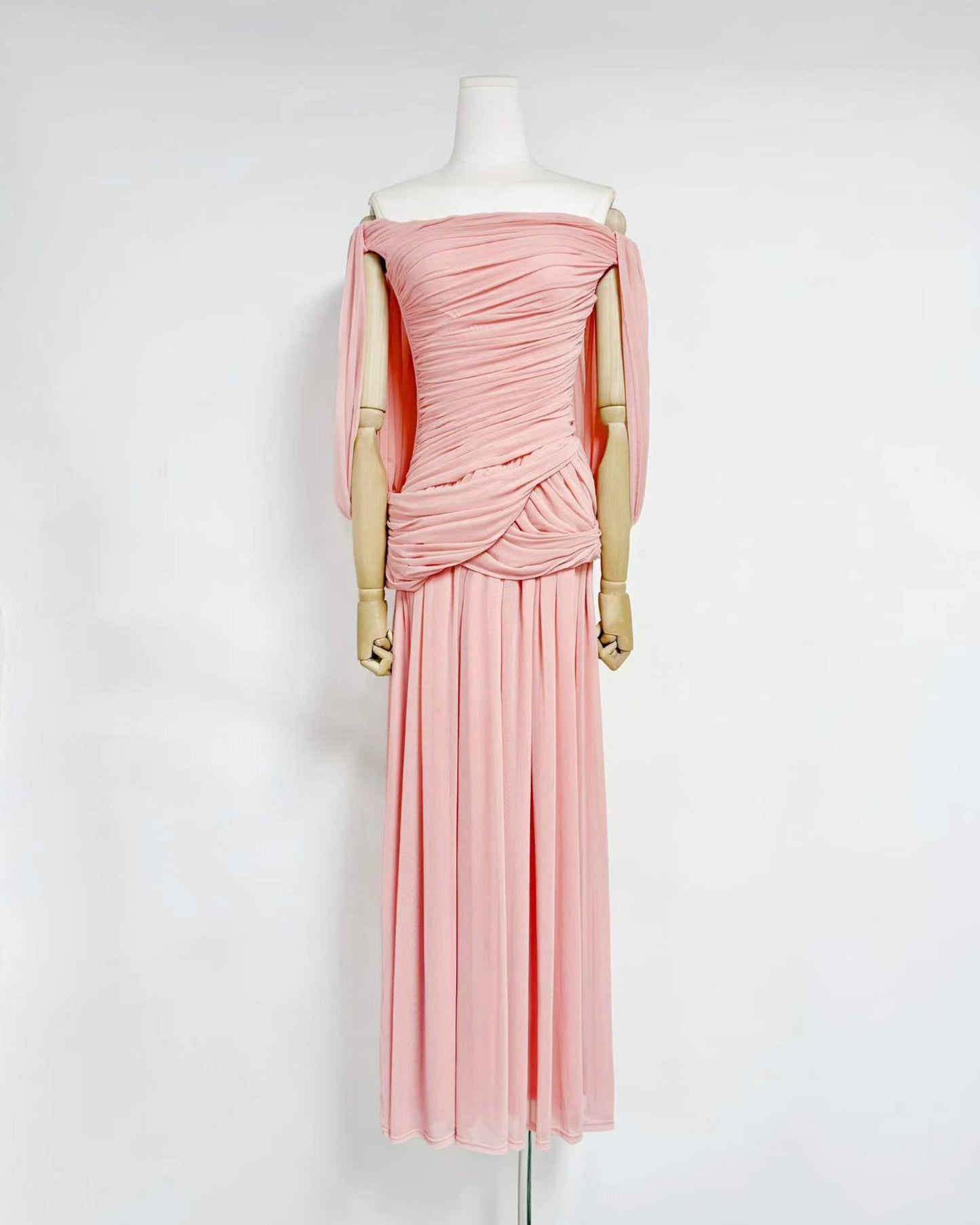 Pink Off-the-Shoulder Ruched Maxi Dress
