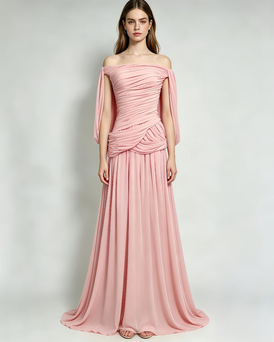 Pink Off-the-Shoulder Ruched Maxi Dress