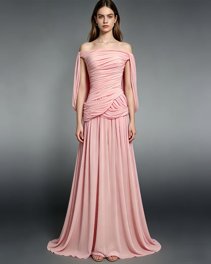 Pink Off-the-Shoulder Ruched Maxi Dress