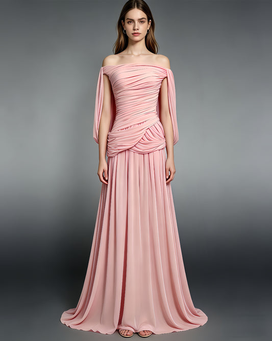 Pink Off-the-Shoulder Ruched Maxi Dress