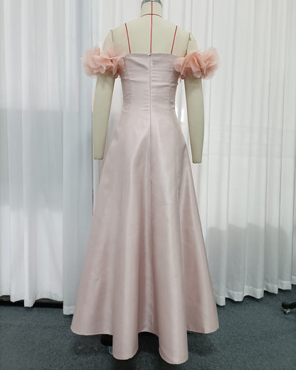Pink Off Shoulder 3D Floral Satin Evening Gown