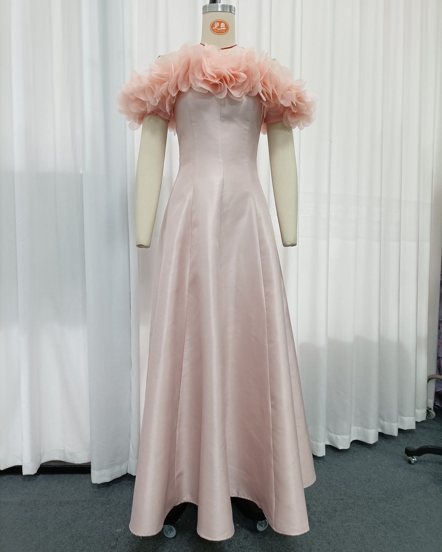 Pink Off Shoulder 3D Floral Satin Evening Gown